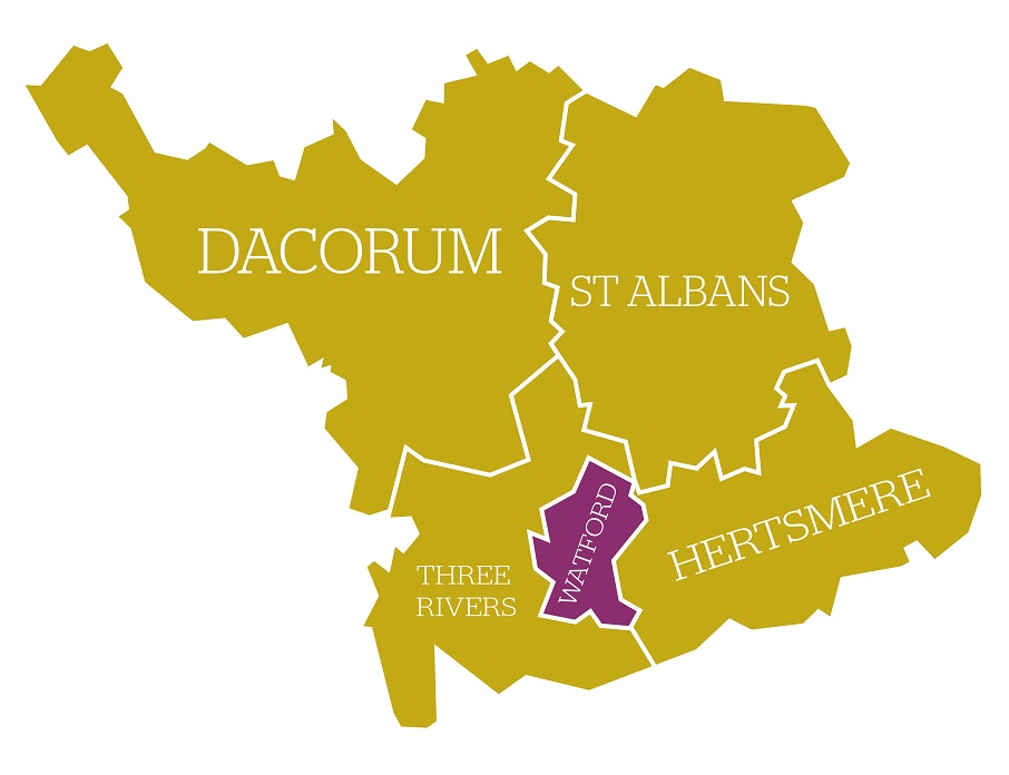 A map of all five councils that are part of the South West Hertfordshire Joint Strategic Plan