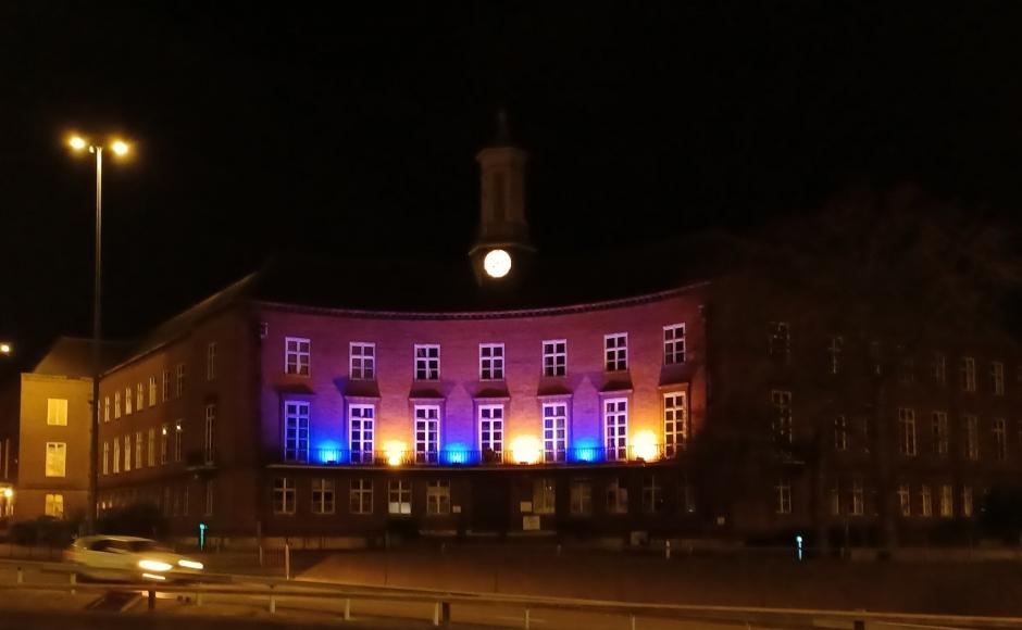 Photo of Ukraine flag colours on Town Hall