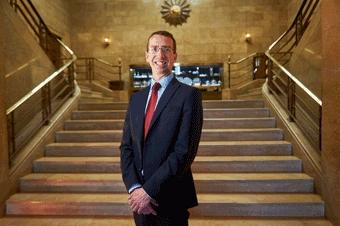 The Mayor Peter Taylor in front of the Council Chambers steps